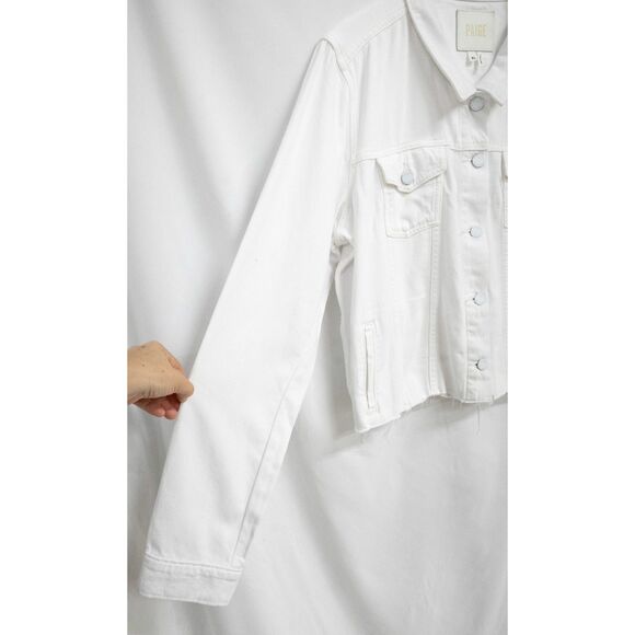 Paige Relaxed Vivienne Cropped Jean Denim Jacket w/ Raw Hem in Crisp White XL - Picture 4 of 15